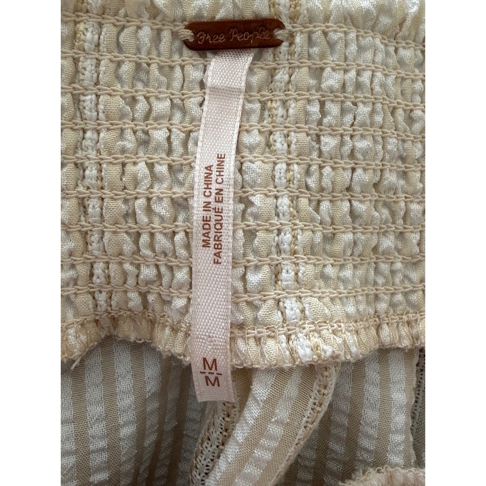 Free People Striped Babydoll Mini Dress Tan Cream Puff Sleeve Smocked Back M - Picture 7 of 8